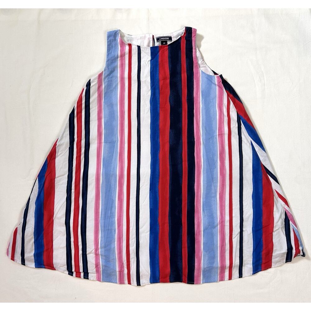 Lands' End Girls Trapeze Dress Size 14 Sleeveless‎ Cotton Patriotic Sundress
